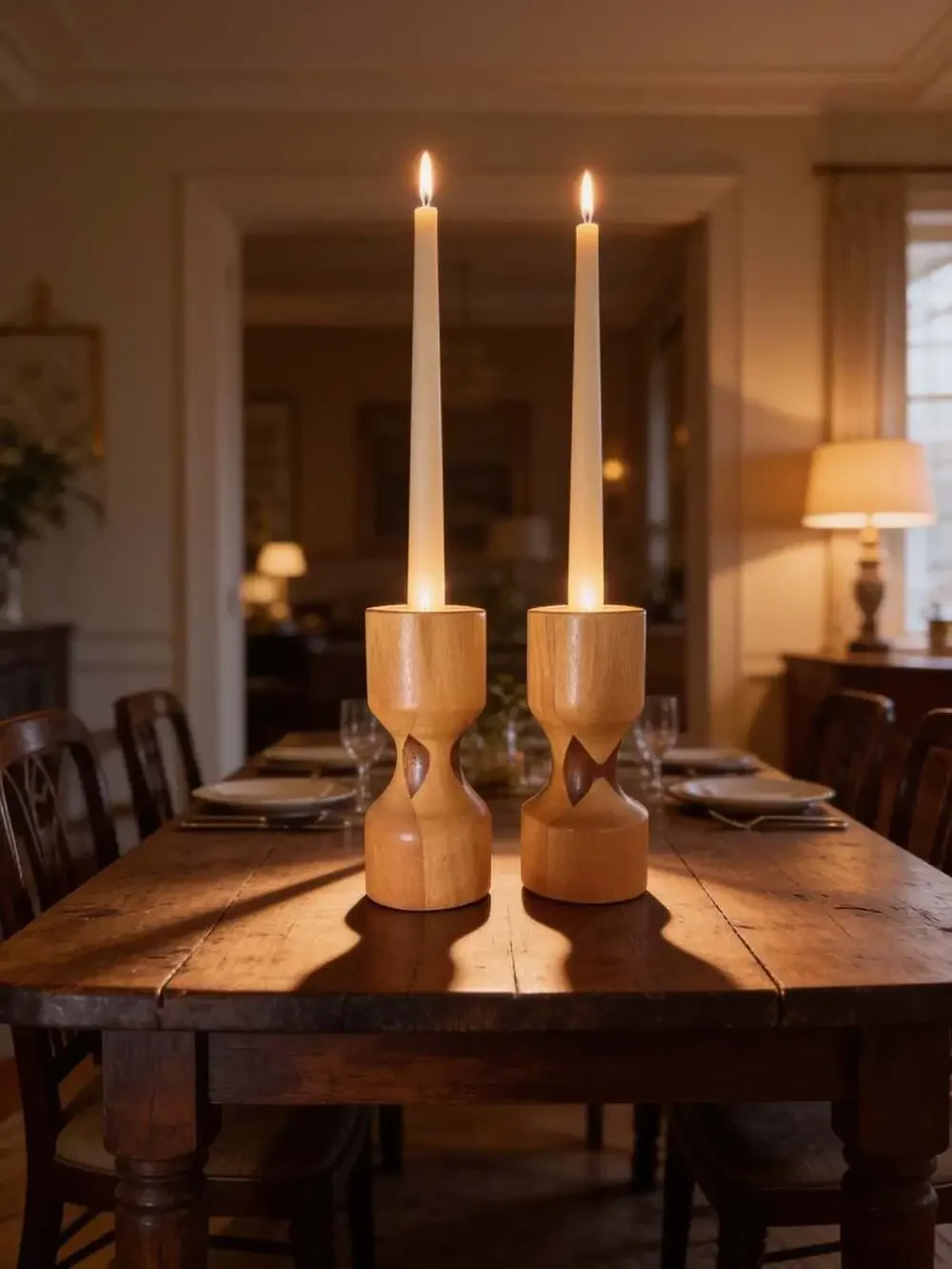 Pair of Mid-Century Danish Modern Turned Wood Candlestick Holders with Inlay